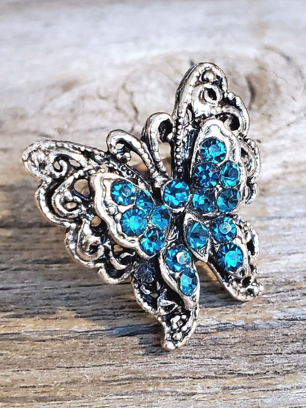 Vintage Sparkly Cocktail Ring Deep Teal Crystal Butterfly Silver Y2K 90s